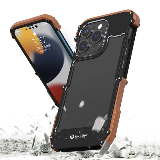 R-JUST Classical Shockproof Cell Phone Case Wood + Aluminium Alloy Frame Protector Bumper for Apple iPhone 13 6.1 inch - Black - 2