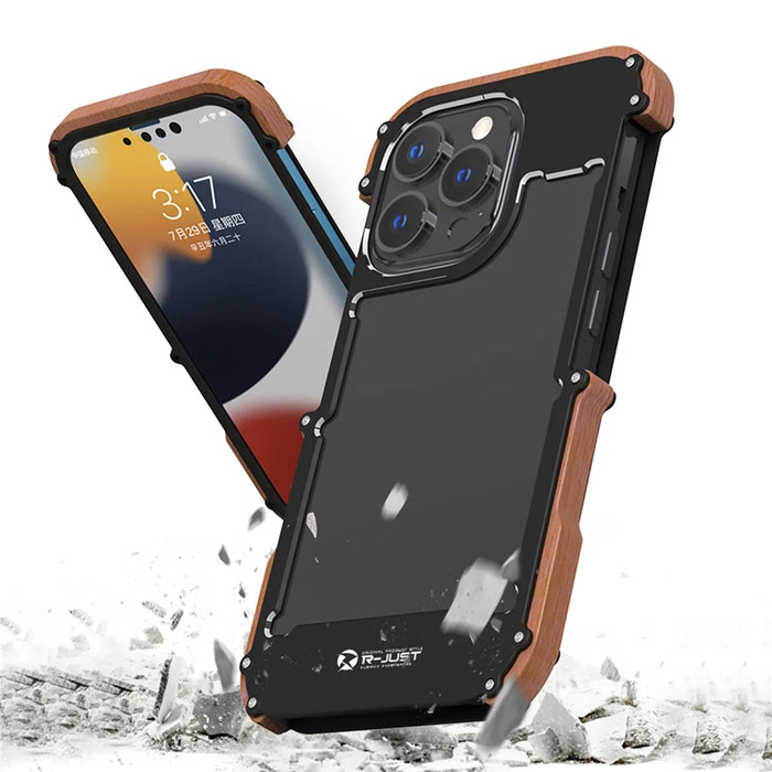 R-JUST Classical Shockproof Cell Phone Case Wood + Aluminium Alloy Frame Protector Bumper for Apple iPhone 13 6.1 inch - Black - 2