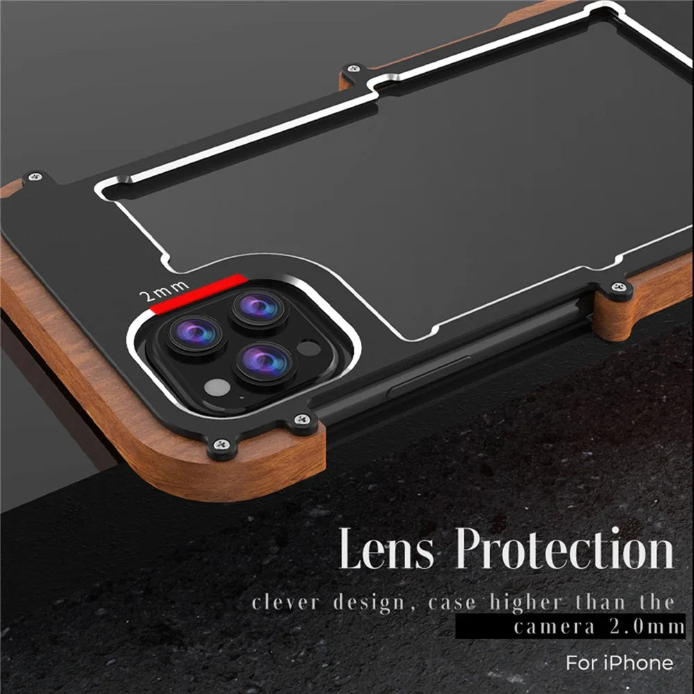 R-JUST Classical Shockproof Cell Phone Case Wood + Aluminium Alloy Frame Protector Bumper for Apple iPhone 13 6.1 inch - Black - 4