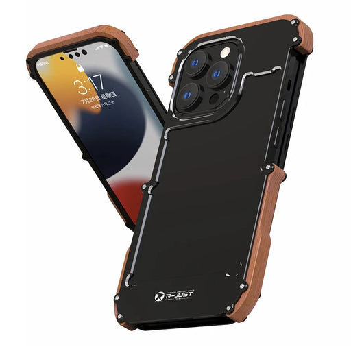 R-JUST Wood + Aluminium Alloy Frame Protector Bumper Shockproof Cell Phone Case for Apple iPhone 13 Pro 6.1 inch - Black - 1