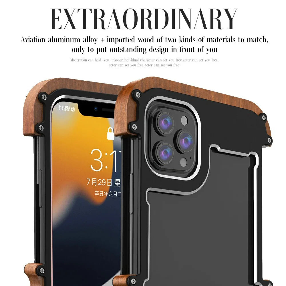 R-JUST Wood + Aluminium Alloy Frame Protector Bumper Shockproof Cell Phone Case for Apple iPhone 13 Pro 6.1 inch - Black - 2