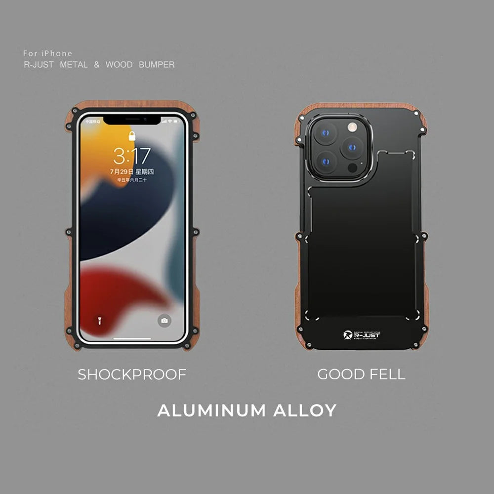 R-JUST Wood + Aluminium Alloy Frame Protector Bumper Shockproof Cell Phone Case for Apple iPhone 13 Pro 6.1 inch - Black - 3