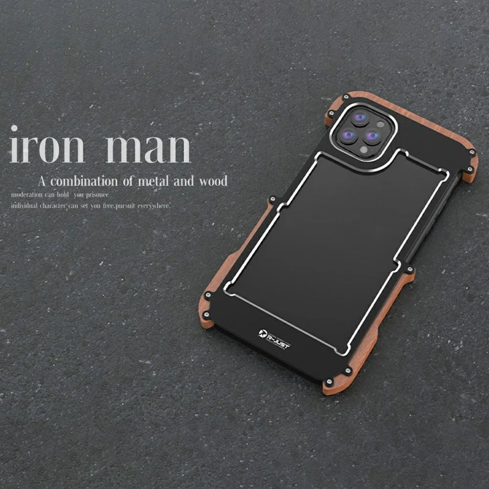 R-JUST Wood + Aluminium Alloy Frame Protector Bumper Shockproof Cell Phone Case for Apple iPhone 13 Pro 6.1 inch - Black - 4