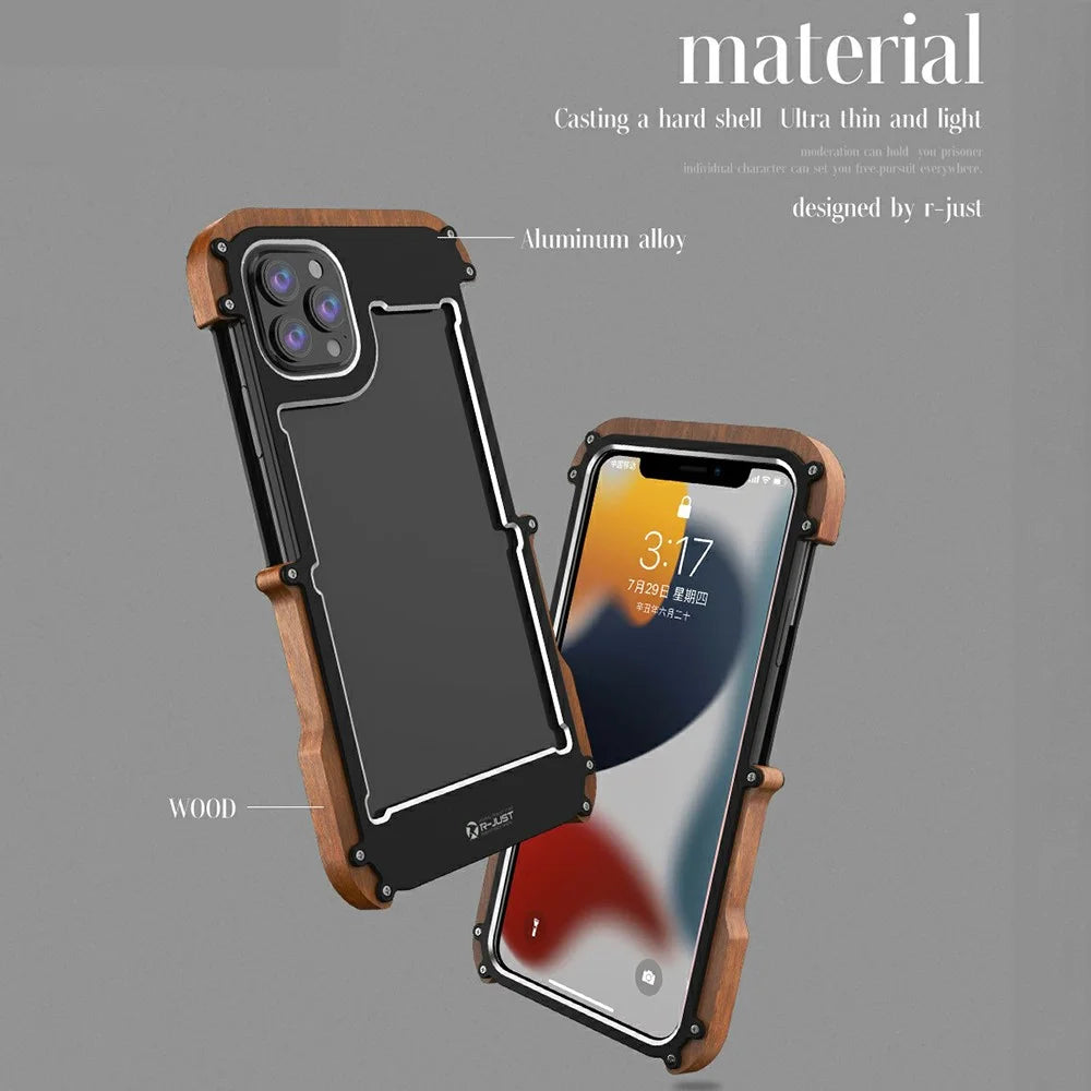 R-JUST Wood + Aluminium Alloy Frame Protector Bumper Shockproof Cell Phone Case for Apple iPhone 13 Pro 6.1 inch - Black - 5