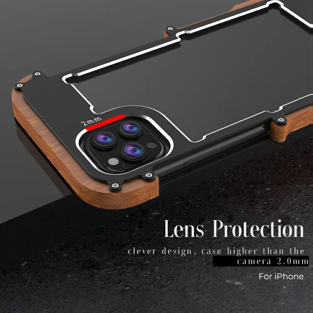 R-JUST Wood + Aluminium Alloy Frame Protector Bumper Shockproof Cell Phone Case for Apple iPhone 13 Pro 6.1 inch - Black - 6
