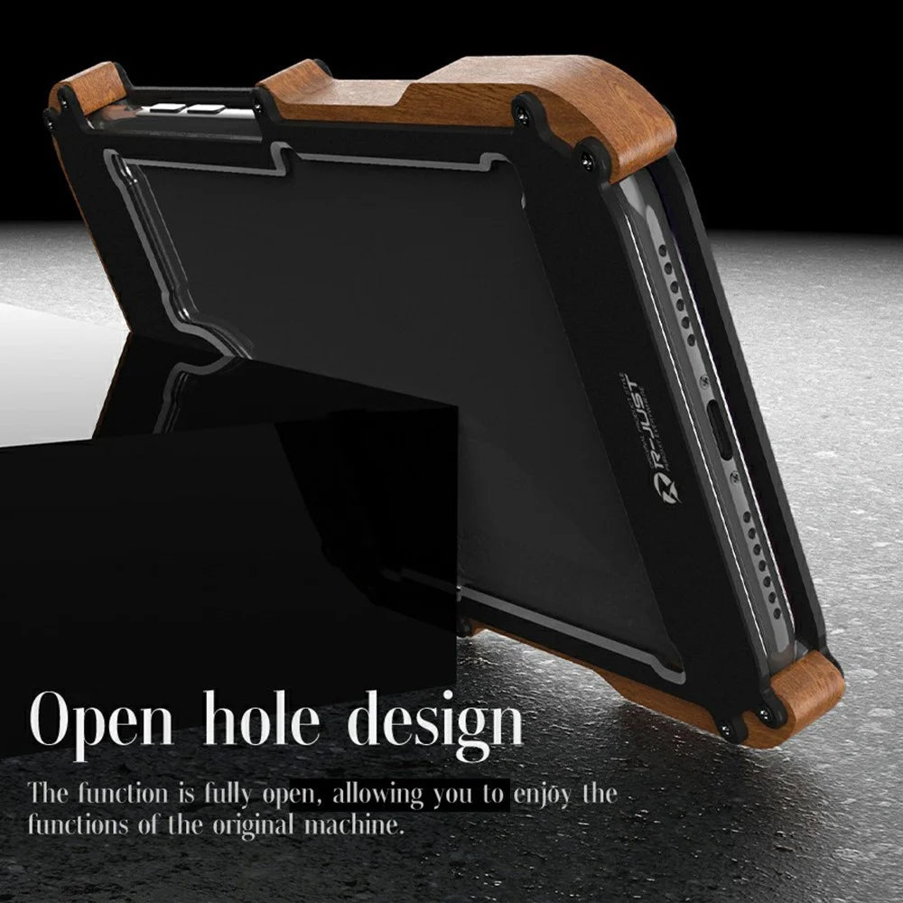 R-JUST Wood + Aluminium Alloy Frame Protector Bumper Shockproof Cell Phone Case for Apple iPhone 13 Pro 6.1 inch - Black - 7