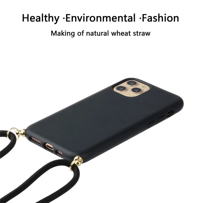 Quality TPU Phone Cover Case with Wheat Straw Multi-function Strap for iPhone 13 mini 5.4 inch - Black - 2