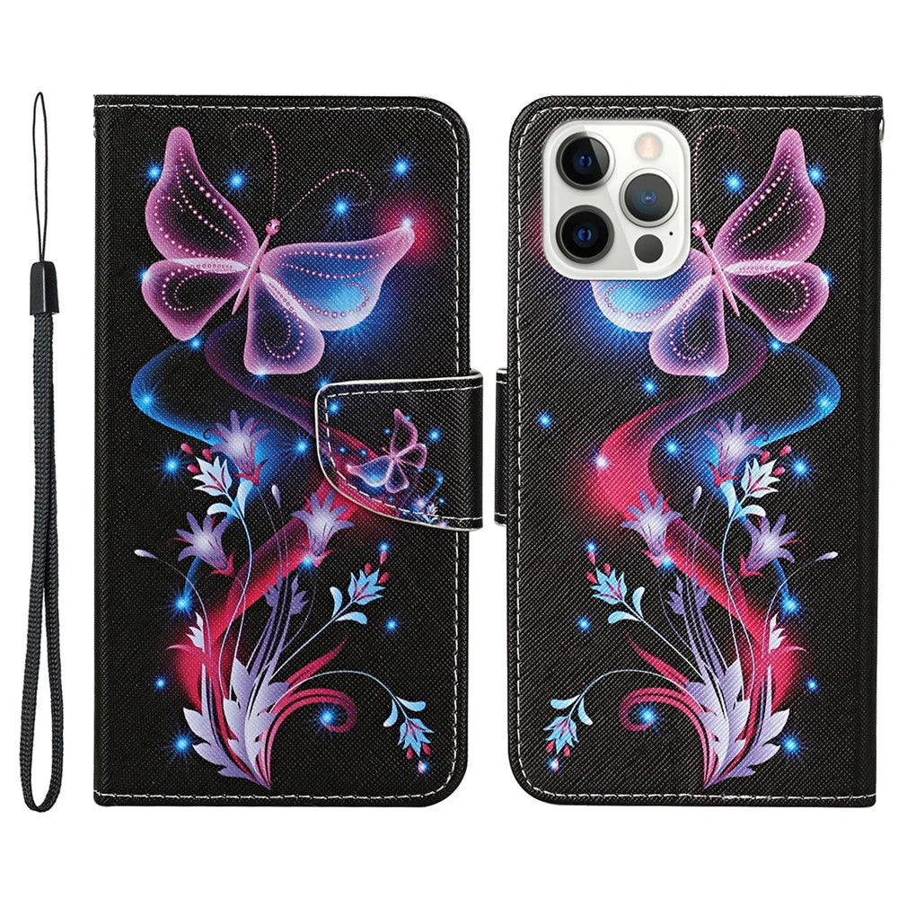 Pattern Printing Leather Phone Wallet Cover Stand Case with Strap for iPhone 13 Pro 6.1 inch - Butterfly - 1