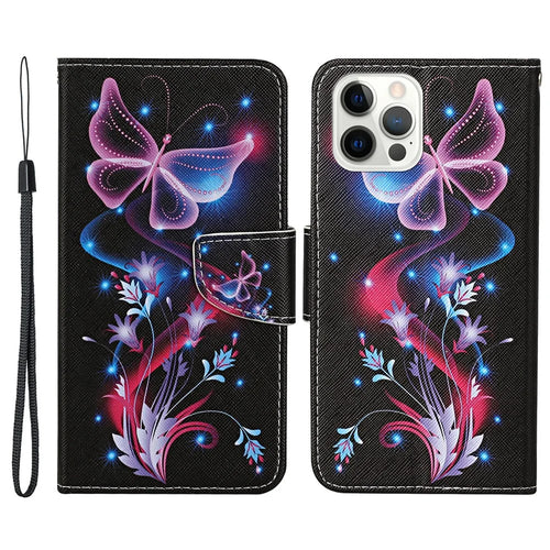 Pattern Printing Leather Phone Wallet Cover Stand Case with Strap for iPhone 13 Pro 6.1 inch - Butterfly - 1