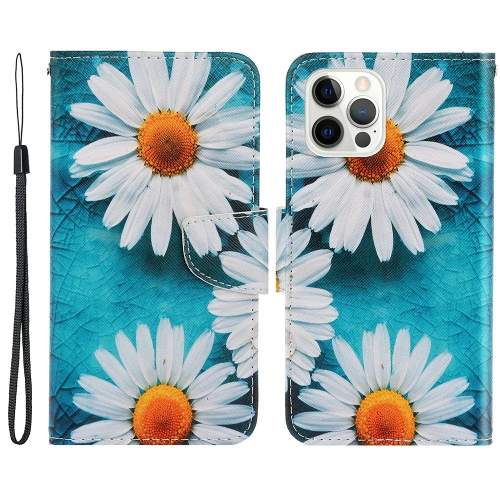 Pattern Printing Design Premium PU Leather Magnetic Clasp Flip Folio Protective Wallet Stand Cover for iPhone 13 Pro 6.1 inch - Chrysanthemum - 1