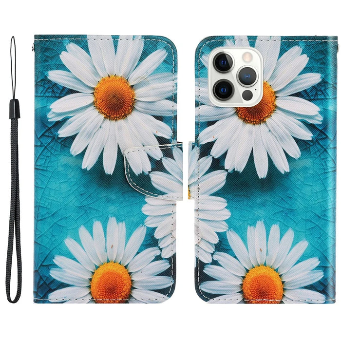 Pattern Printing Design Premium PU Leather Magnetic Clasp Flip Folio Protective Wallet Stand Cover for iPhone 13 Pro 6.1 inch - Chrysanthemum - 1