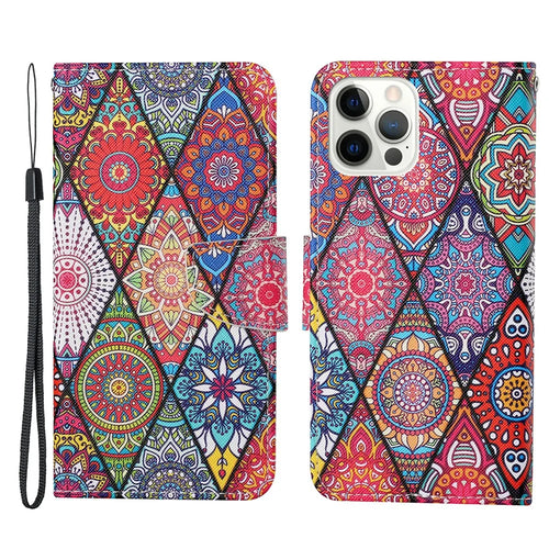 Cross Texture Pattern Printing PU Leather Wallet Stand Phone Case for iPhone 13 Pro 6.1 inch - Mandala Pattern - 1