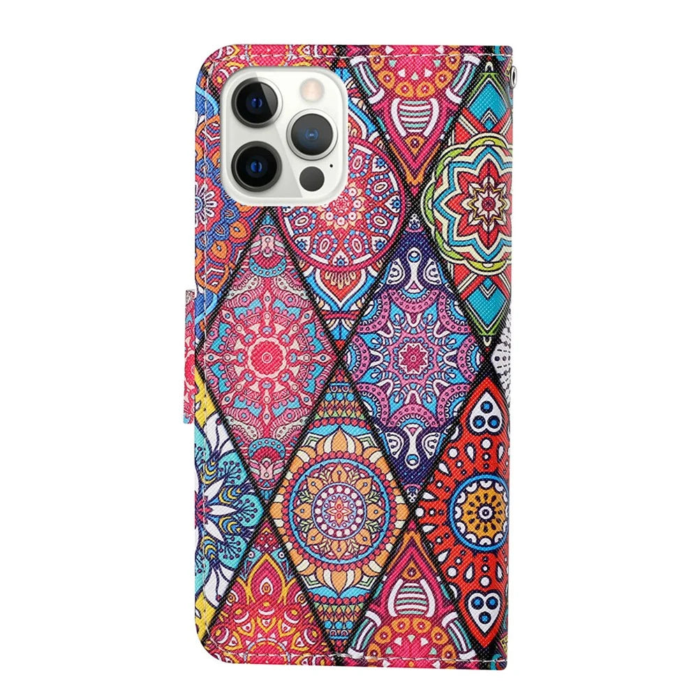 Cross Texture Pattern Printing PU Leather Wallet Stand Phone Case for iPhone 13 Pro 6.1 inch - Mandala Pattern - 3