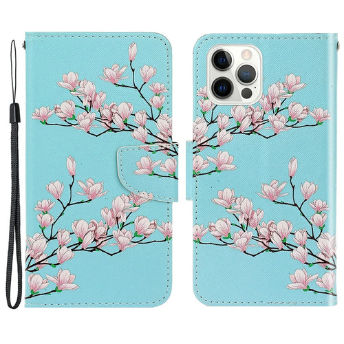 Card Slots Shockproof Pattern-Printing Handy Strap Leather Cell Case with Wallet and Stand for iPhone 13 Pro Max 6.7 inch - Peach Flower - 1