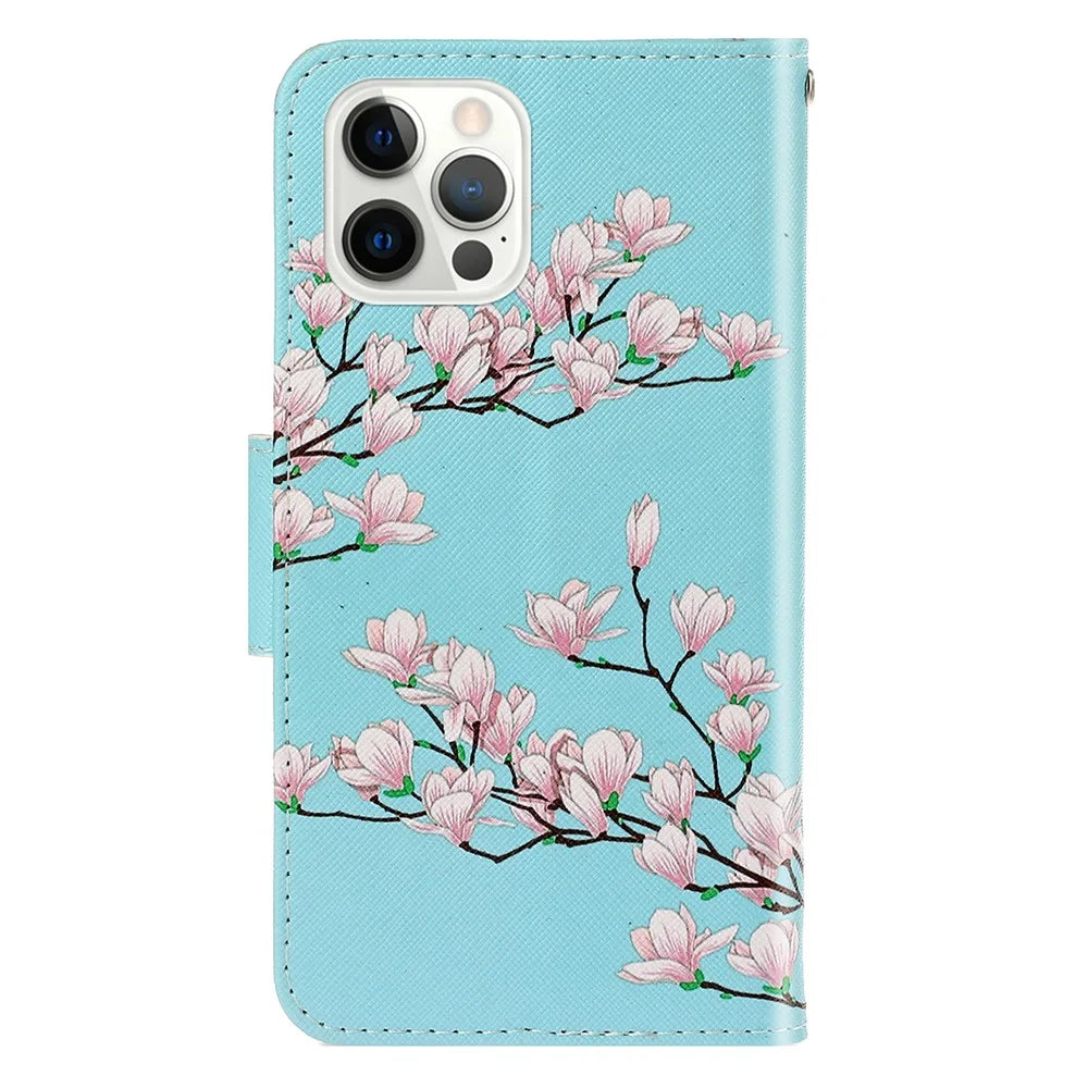 Card Slots Shockproof Pattern-Printing Handy Strap Leather Cell Case with Wallet and Stand for iPhone 13 Pro Max 6.7 inch - Peach Flower - 7