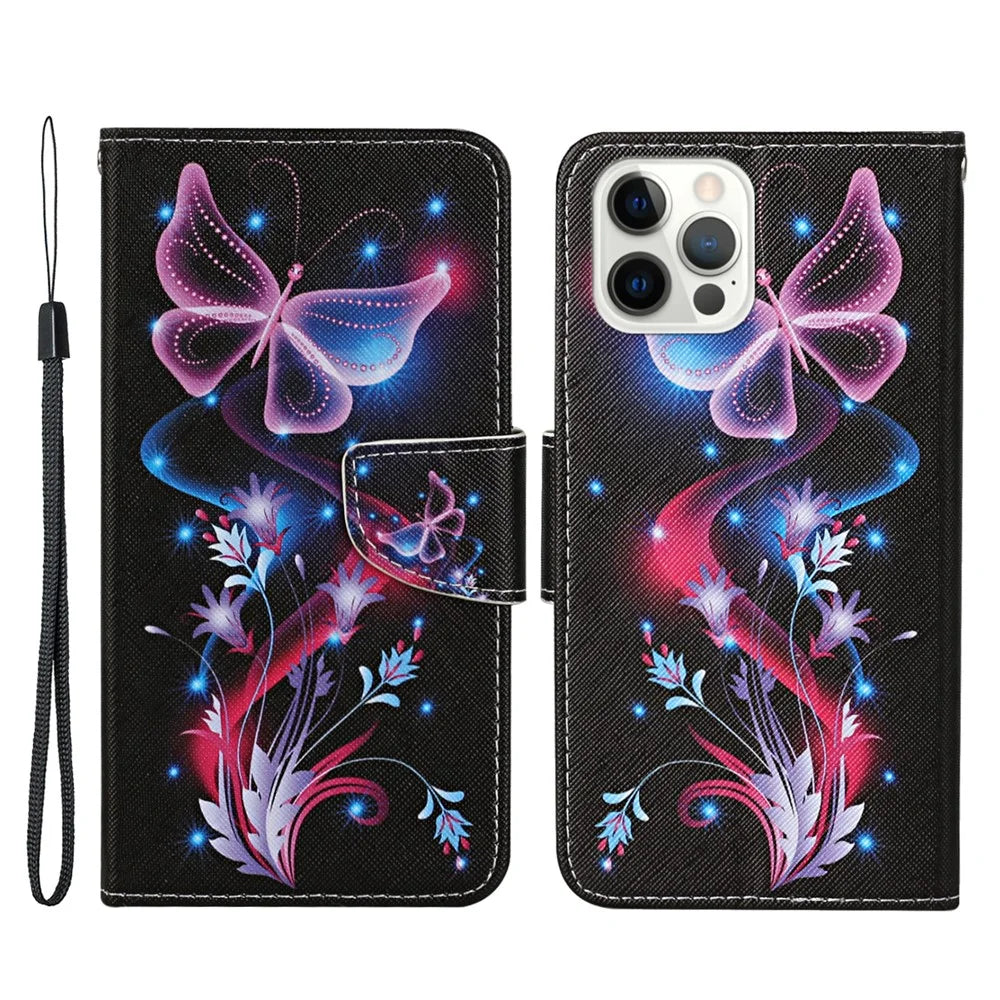 All-around Protection Pattern-Printing Handy Strap Leather Cell Case with Wallet and Stand for iPhone 13 Pro Max 6.7 inch - Pink Butterfly - 1