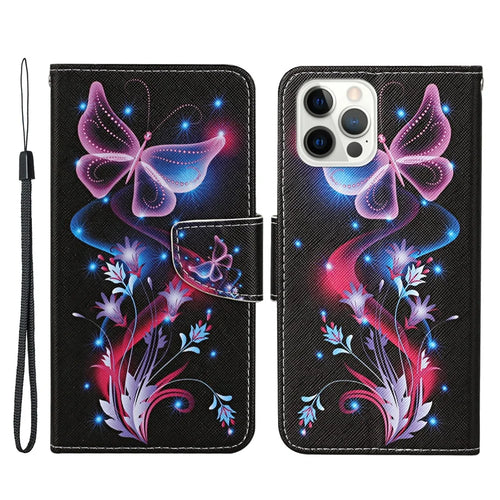 All-around Protection Pattern-Printing Handy Strap Leather Cell Case with Wallet and Stand for iPhone 13 Pro Max 6.7 inch - Pink Butterfly - 1