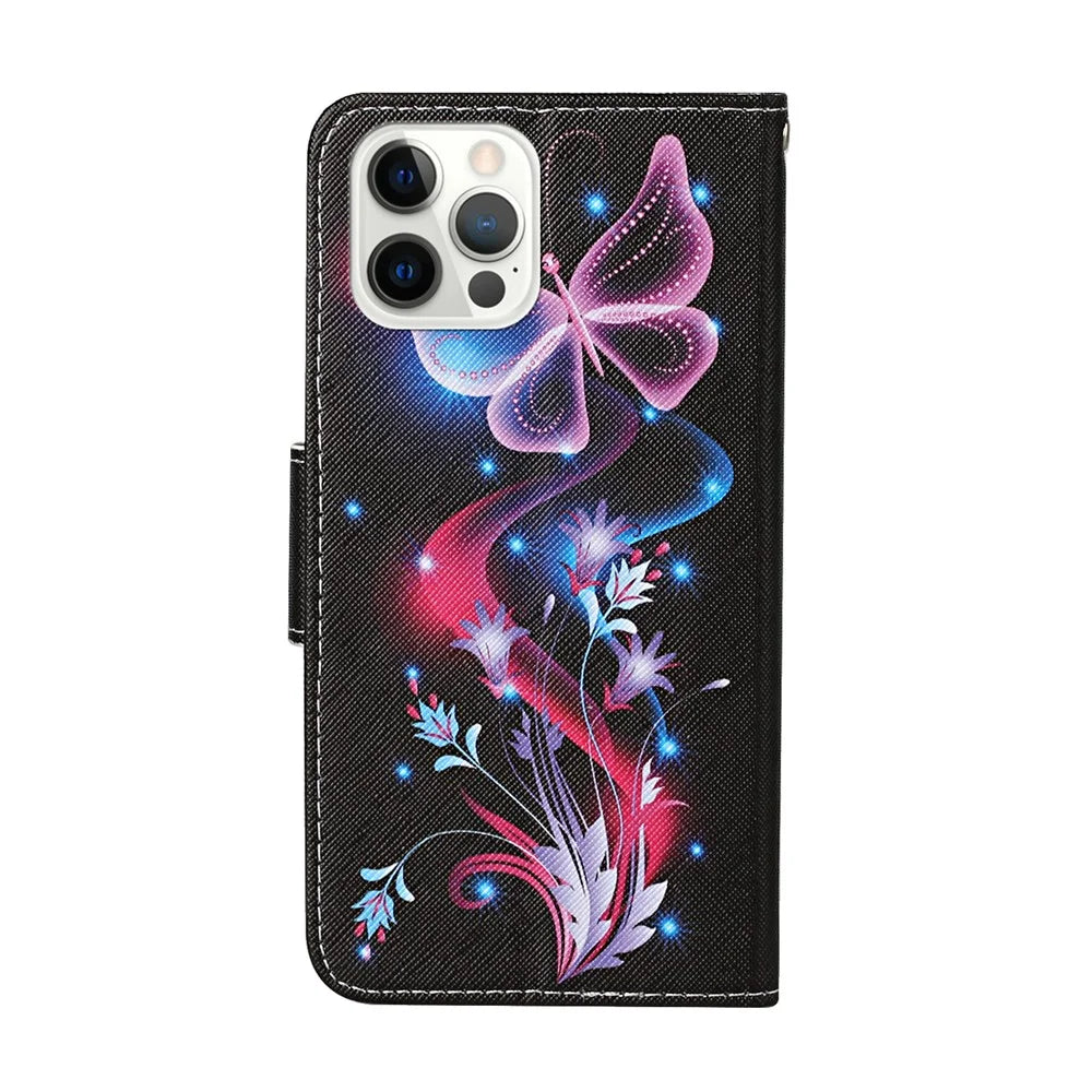 All-around Protection Pattern-Printing Handy Strap Leather Cell Case with Wallet and Stand for iPhone 13 Pro Max 6.7 inch - Pink Butterfly - 3