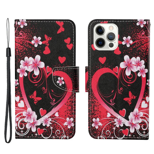 Handy Strap Pattern-Printing Full Protection Leather Cell Case with Wallet and Stand for iPhone 13 Pro Max 6.7 inch - Heart - 1