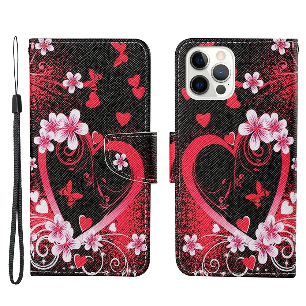 Handy Strap Pattern-Printing Full Protection Leather Cell Case with Wallet and Stand for iPhone 13 Pro Max 6.7 inch - Heart - 1