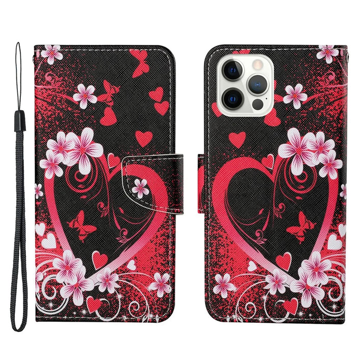 Handy Strap Pattern-Printing Full Protection Leather Cell Case with Wallet and Stand for iPhone 13 Pro Max 6.7 inch - Heart - 1