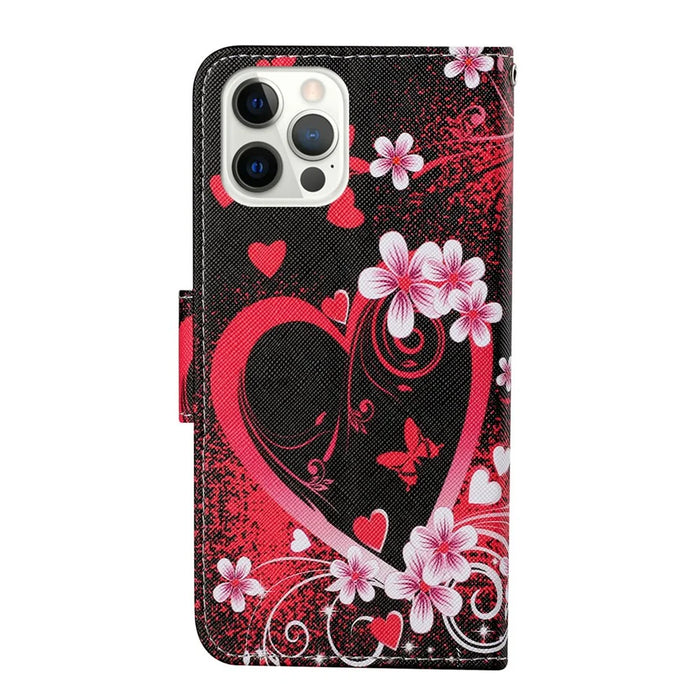 Handy Strap Pattern-Printing Full Protection Leather Cell Case with Wallet and Stand for iPhone 13 Pro Max 6.7 inch - Heart - 3
