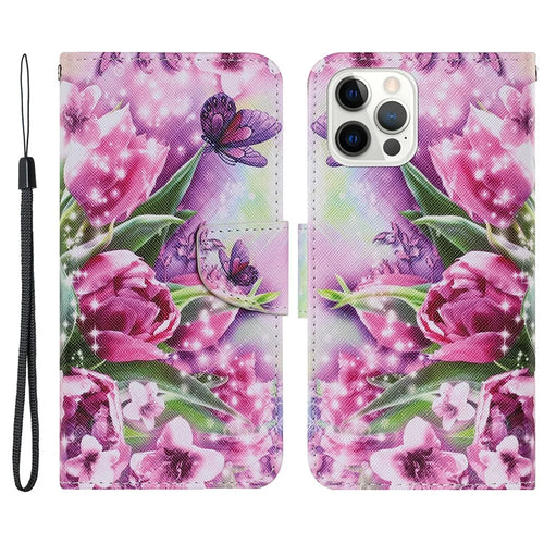 Pattern-Printing Card Slots Strap Leather Cell Case with Wallet and Stand for iPhone 13 Pro Max 6.7 inch - Tulip - 1