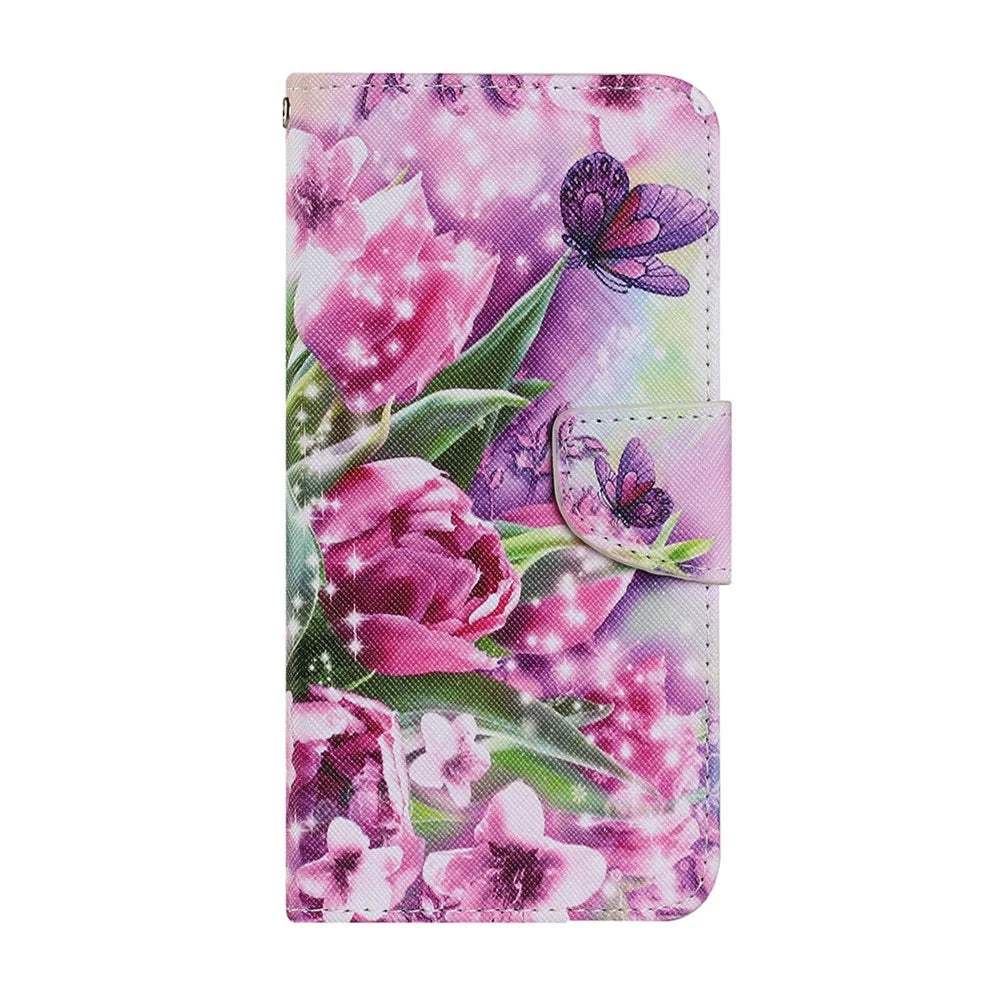 Pattern-Printing Card Slots Strap Leather Cell Case with Wallet and Stand for iPhone 13 Pro Max 6.7 inch - Tulip - 2