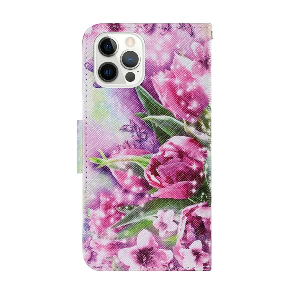 Pattern-Printing Card Slots Strap Leather Cell Case with Wallet and Stand for iPhone 13 Pro Max 6.7 inch - Tulip - 3