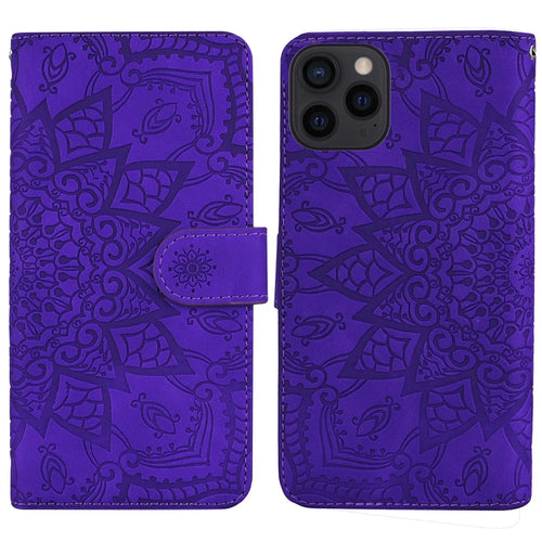 Imprint Flower All-round Protection Phone Shell Wallet Stand Design Leather Case for iPhone 13 Pro 6.1 inch - Purple - 1