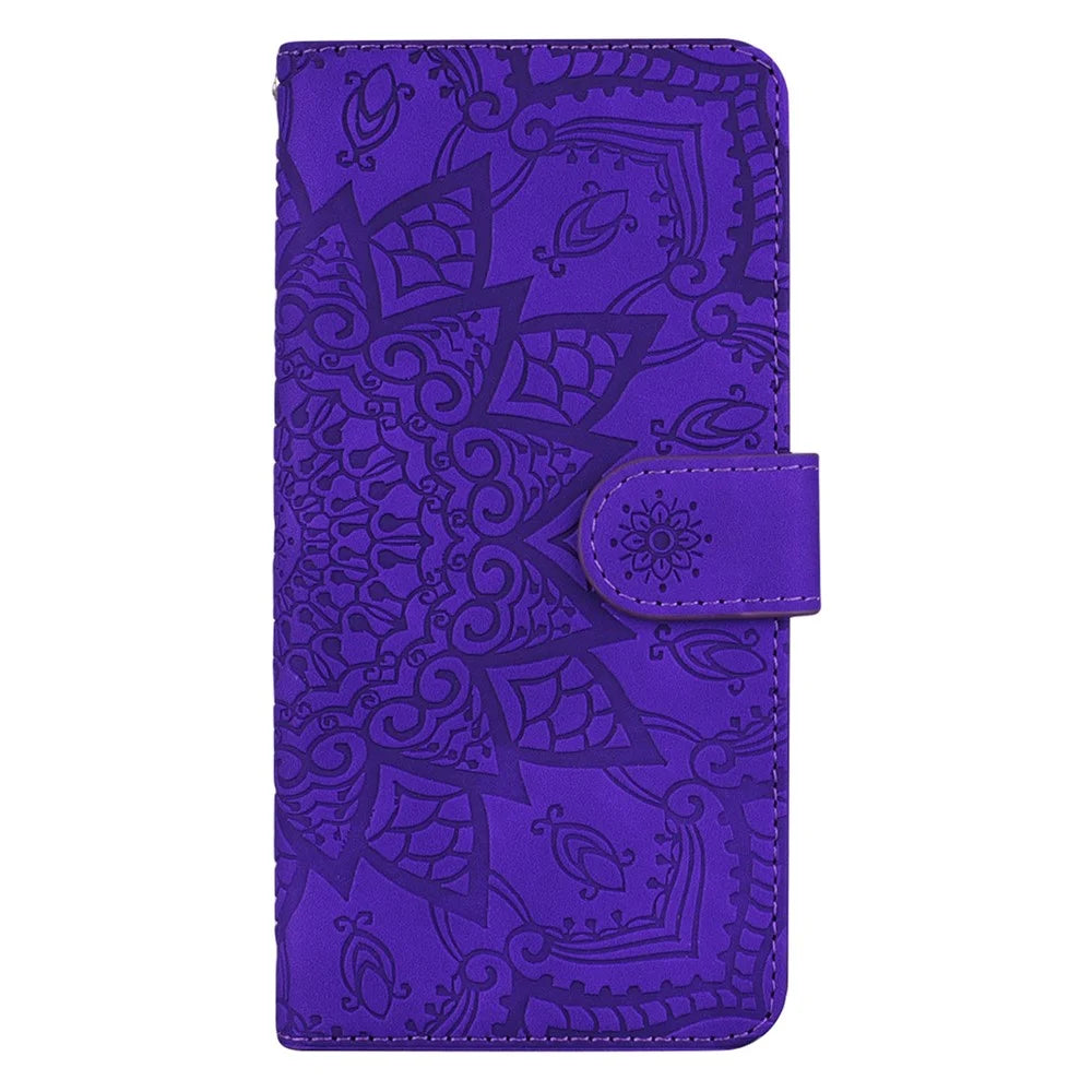 Imprint Flower All-round Protection Phone Shell Wallet Stand Design Leather Case for iPhone 13 Pro 6.1 inch - Purple - 2