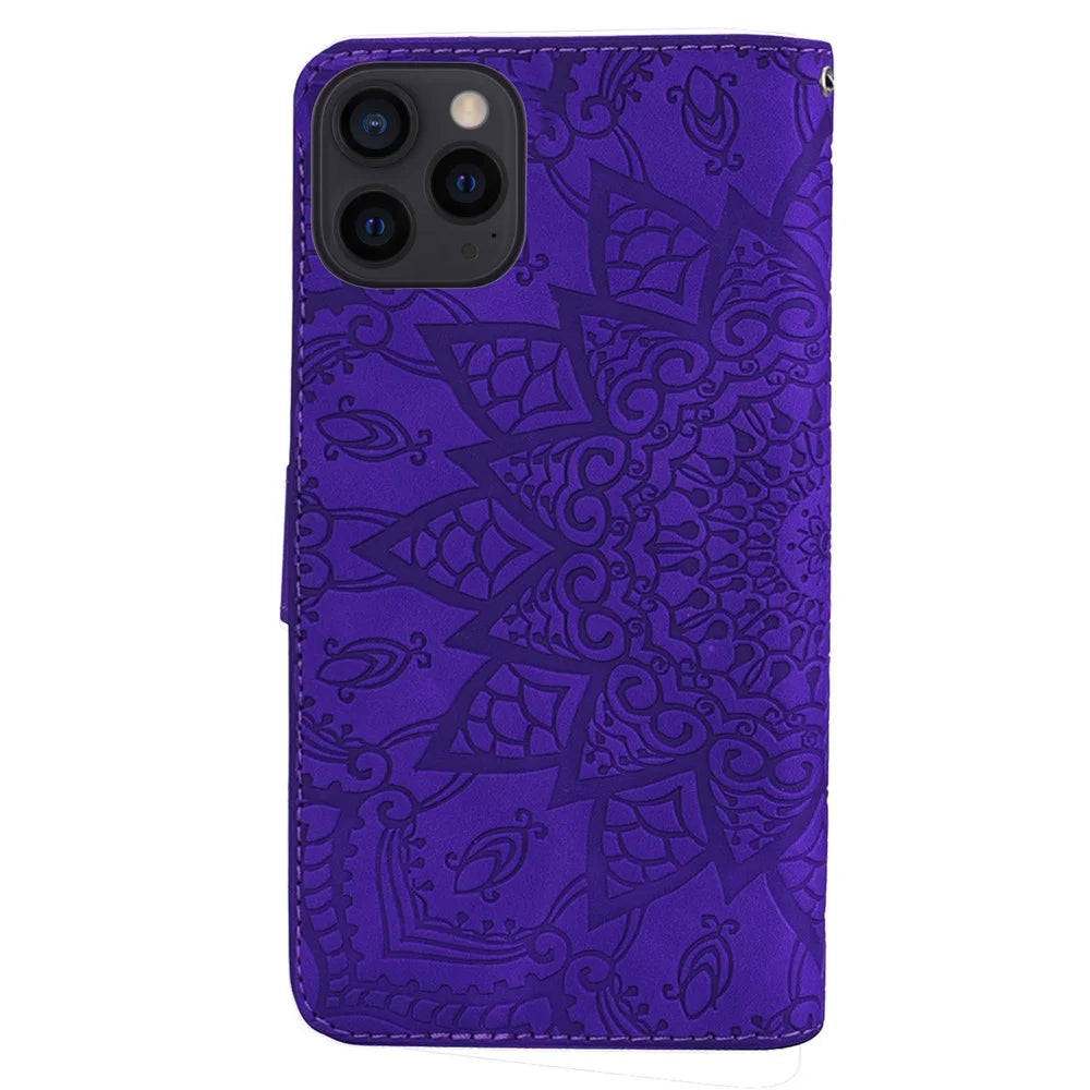 Imprint Flower All-round Protection Phone Shell Wallet Stand Design Leather Case for iPhone 13 Pro 6.1 inch - Purple - 3