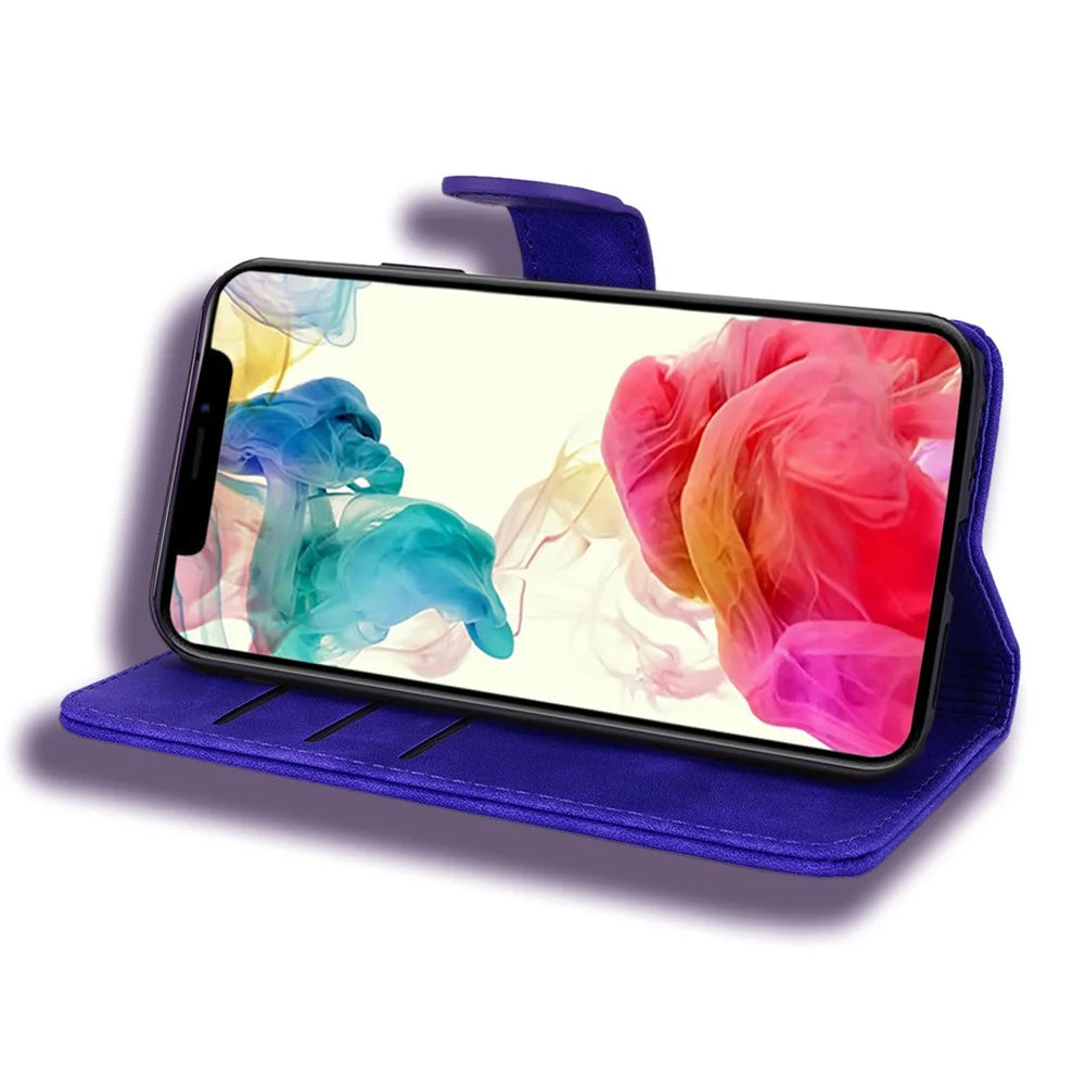 Imprint Flower All-round Protection Phone Shell Wallet Stand Design Leather Case for iPhone 13 Pro 6.1 inch - Purple - 4