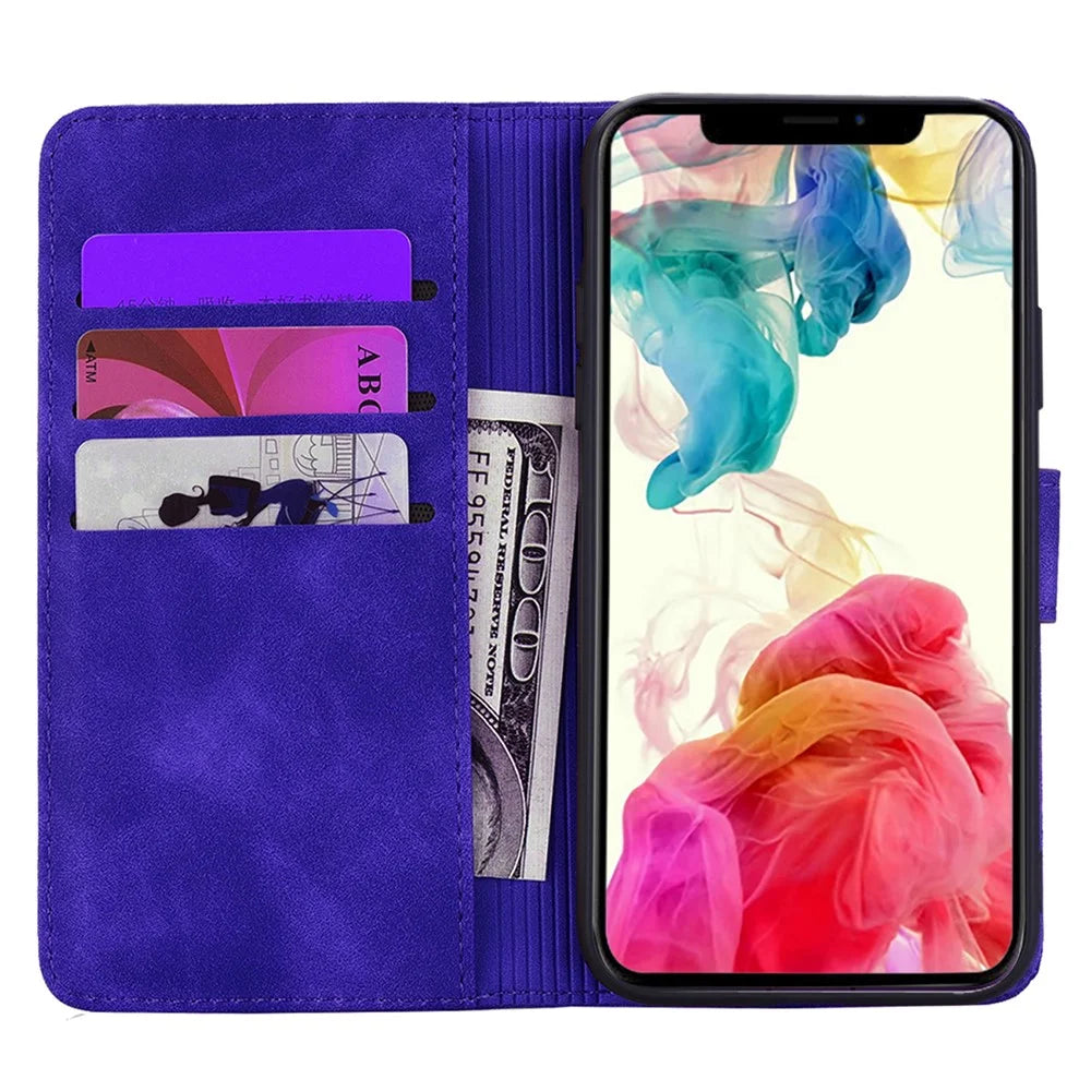 Imprint Flower All-round Protection Phone Shell Wallet Stand Design Leather Case for iPhone 13 Pro 6.1 inch - Purple - 5