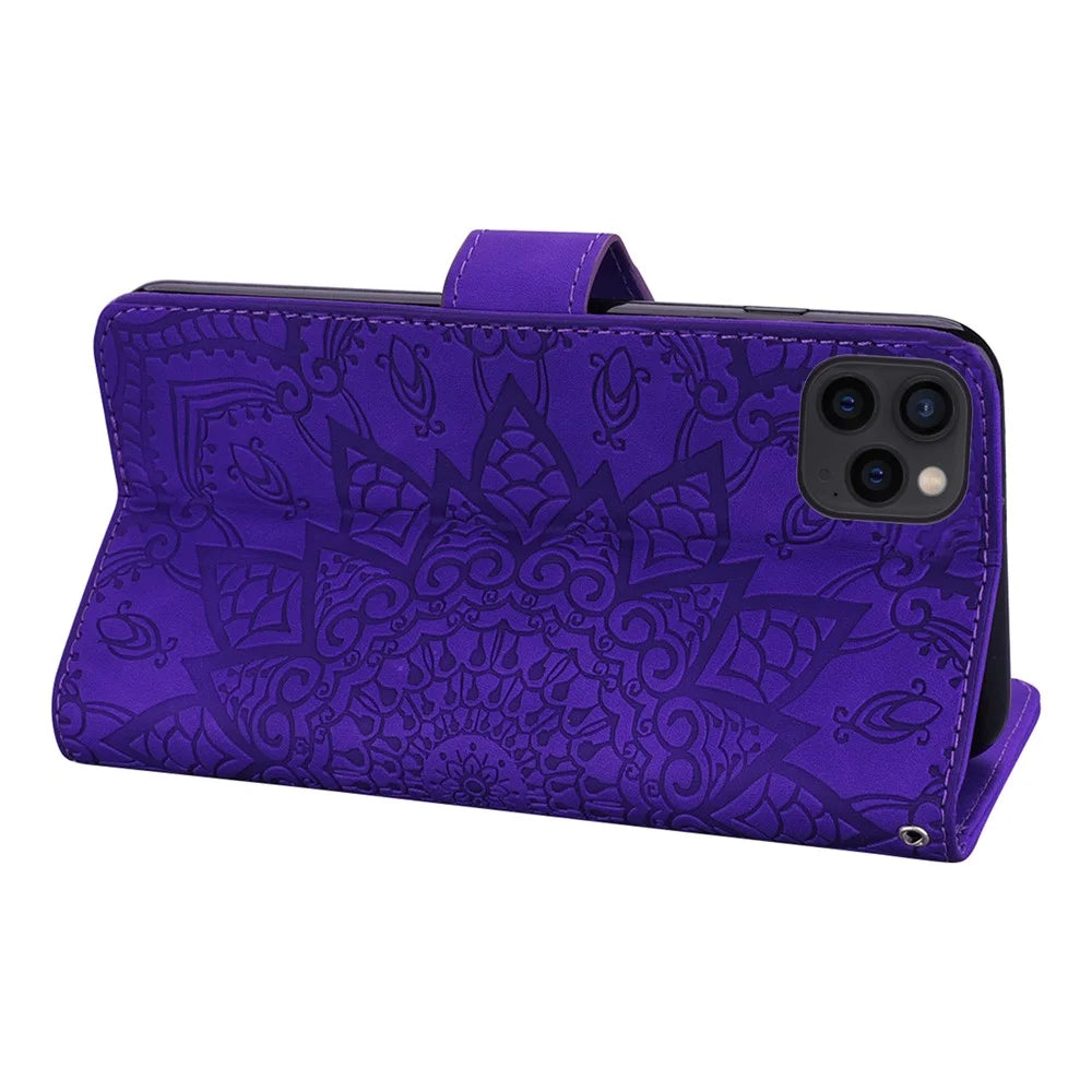 Imprint Flower All-round Protection Phone Shell Wallet Stand Design Leather Case for iPhone 13 Pro 6.1 inch - Purple - 6