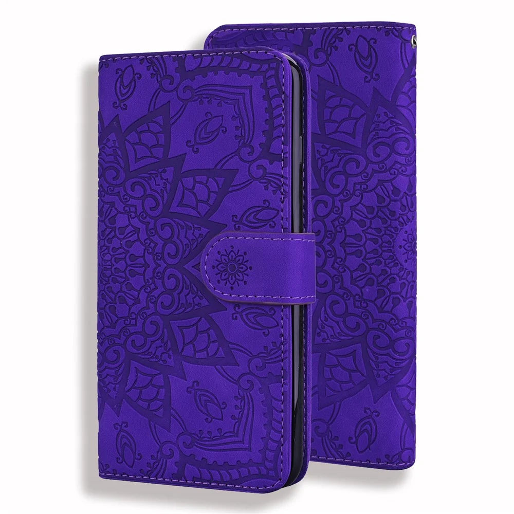 Imprint Flower All-round Protection Phone Shell Wallet Stand Design Leather Case for iPhone 13 Pro 6.1 inch - Purple - 7