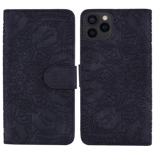 Imprint Flower Design PU Leather Flip Wallet Bookstyle Magnetic Stand Protection Cover for iPhone 13 Pro Max 6.7 inch - Black - 1