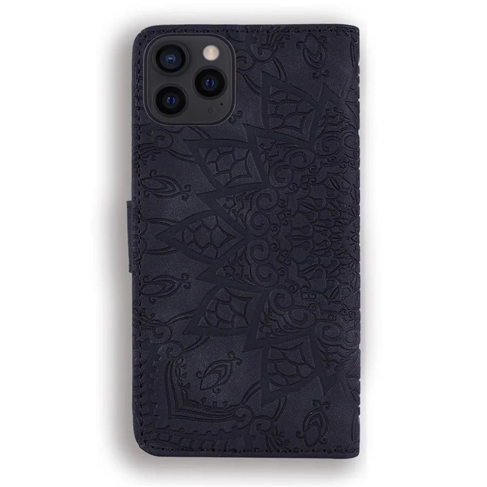 Imprint Flower Design PU Leather Flip Wallet Bookstyle Magnetic Stand Protection Cover for iPhone 13 Pro Max 6.7 inch - Black - 3
