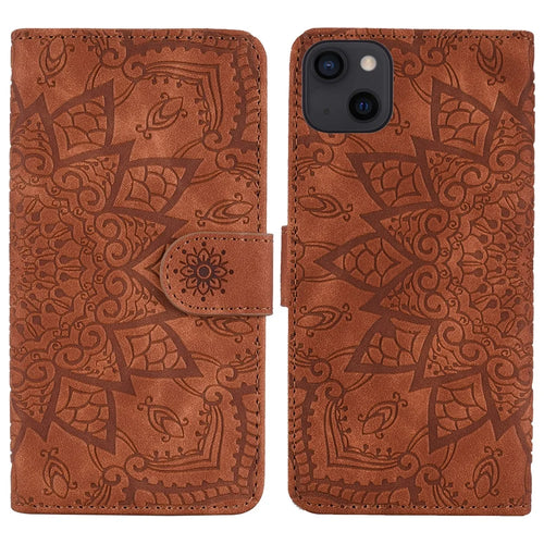 Imprint Flower Premium PU Leather Wallet Protector Folio Stand Magnetic Flip Cover for iPhone 13 6.1 inch - Brown - 1