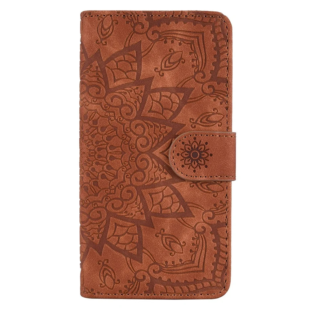 Imprint Flower Premium PU Leather Wallet Protector Folio Stand Magnetic Flip Cover for iPhone 13 6.1 inch - Brown - 2