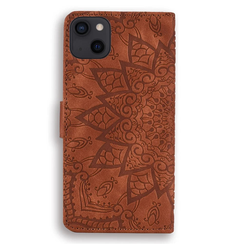 Imprint Flower Premium PU Leather Wallet Protector Folio Stand Magnetic Flip Cover for iPhone 13 6.1 inch - Brown - 3