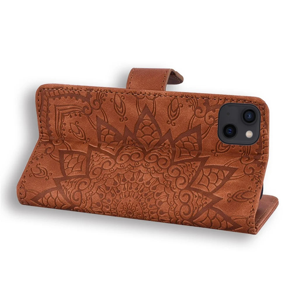 Imprint Flower Premium PU Leather Wallet Protector Folio Stand Magnetic Flip Cover for iPhone 13 6.1 inch - Brown - 6