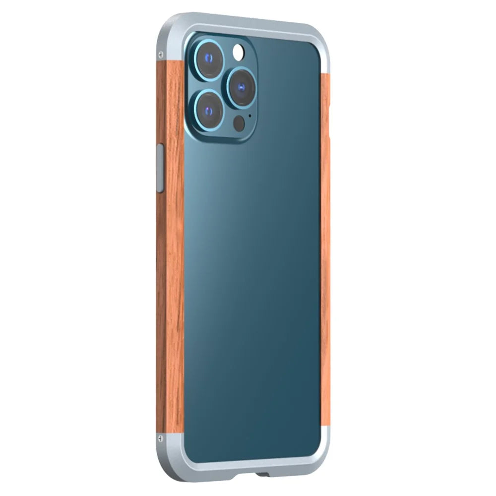 R-JUST Ultra Thin Hard Metal Aluminum Alloy Wooden Protect Bumper Frame Case for iPhone 13 Pro Max 6.7 inch - 3