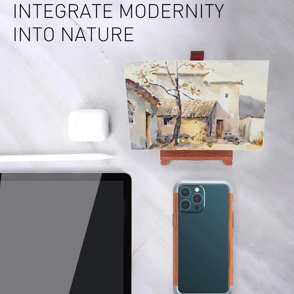 R-JUST Ultra Thin Hard Metal Aluminum Alloy Wooden Protect Bumper Frame Case for iPhone 13 Pro Max 6.7 inch - 6