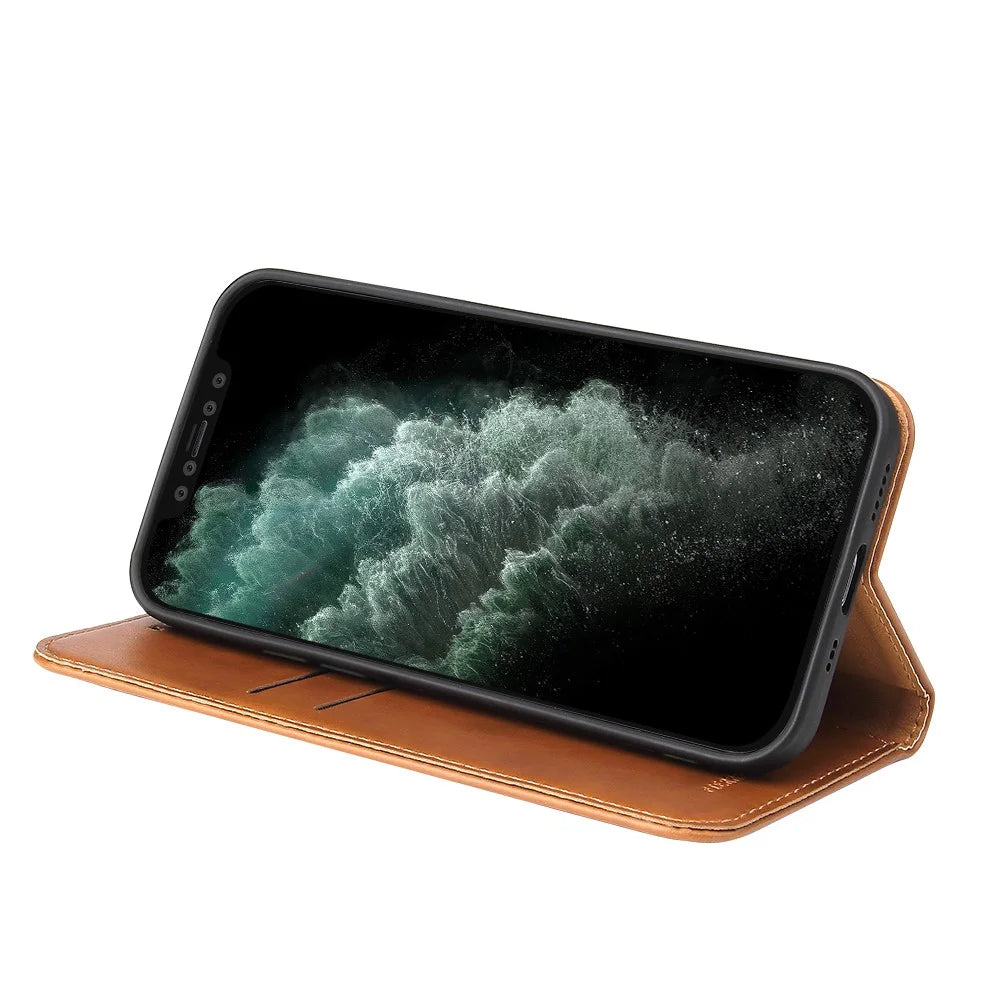 PU Leather Texture Well-protected Wallet Stand Design Phone Case for iPhone 13 - Brown - 6