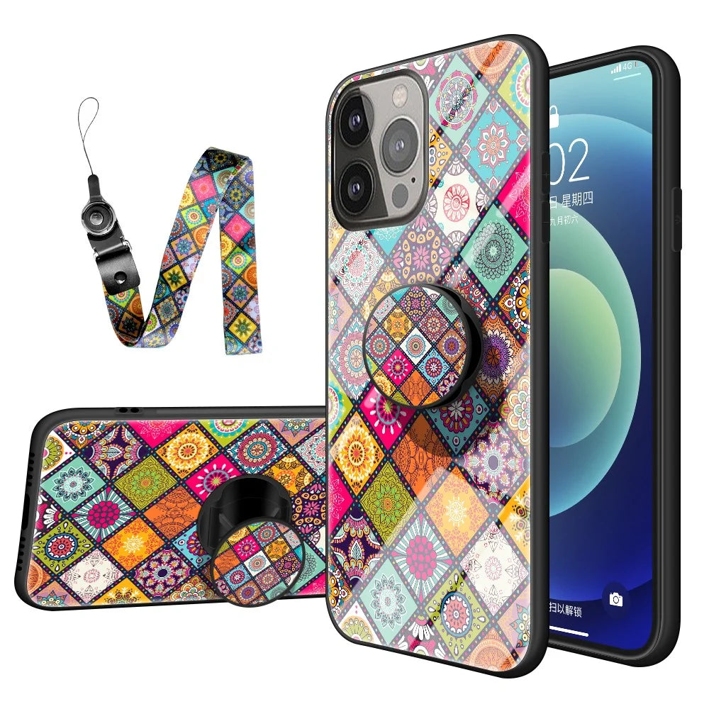 Shock-Absorbed Built-In Metal Sheet Phone Protector Glass Hybrid Case with Lanyard for iPhone 13 Pro 6.1 inch - Color Pattern - 1