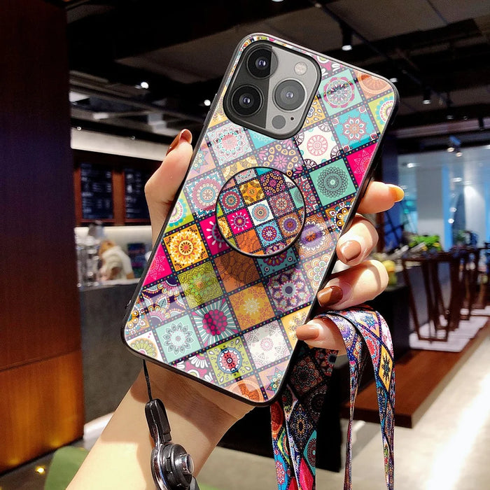 Shock-Absorbed Built-In Metal Sheet Phone Protector Glass Hybrid Case with Lanyard for iPhone 13 Pro 6.1 inch - Color Pattern - 3