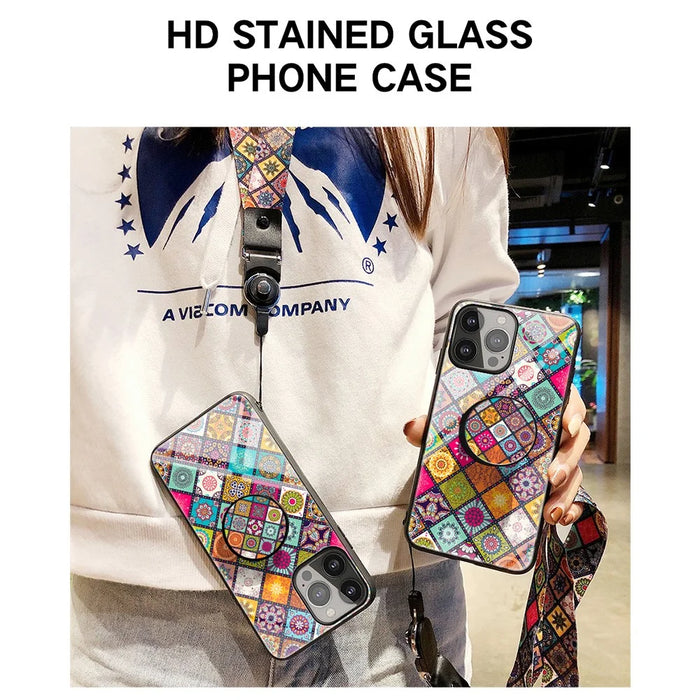 Shock-Absorbed Built-In Metal Sheet Phone Protector Glass Hybrid Case with Lanyard for iPhone 13 Pro 6.1 inch - Color Pattern - 4