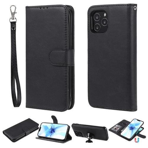 For iPhone 12  / 12 Pro Case 2 in 1 Detachable Magnetic Leather Wallet Mobile Cover with Strap - Black - 1