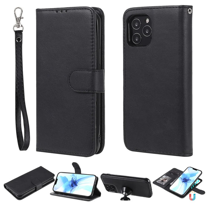For iPhone 12  / 12 Pro Case 2 in 1 Detachable Magnetic Leather Wallet Mobile Cover with Strap - Black - 1